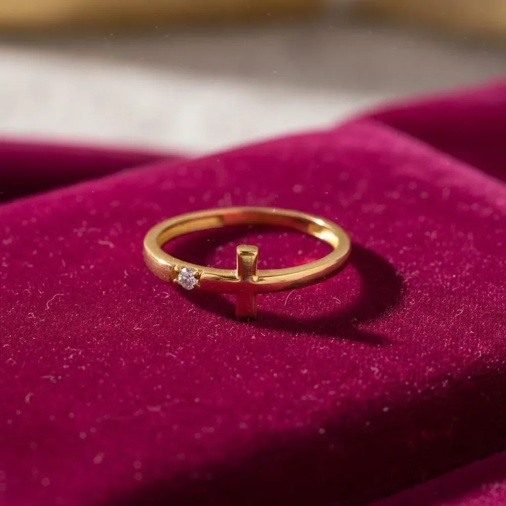 14K Gold CZ Cross Ring | Dainty Yellow Gold Band By Tehrani Jewelry